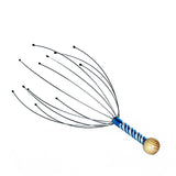 Massage tool with metal prongs and striped handle on a white background