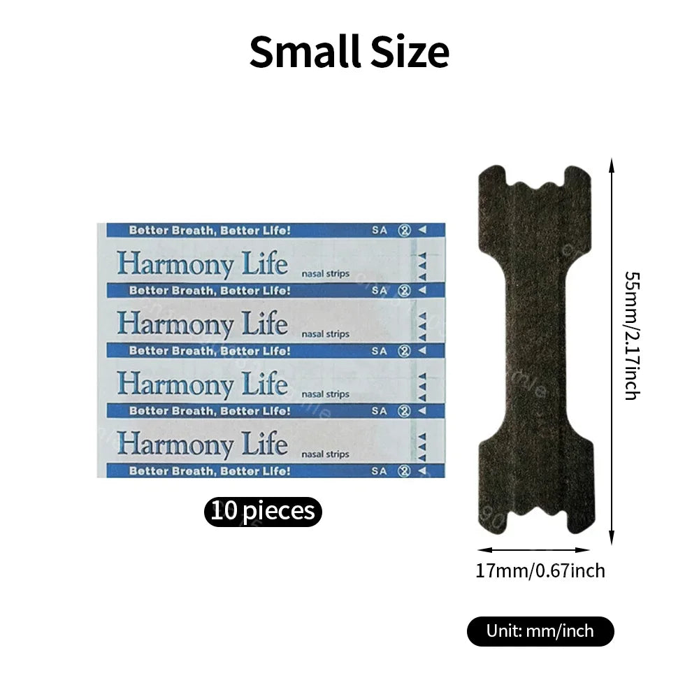 Harmony Life nasal strip packaging with dimensions on a white background