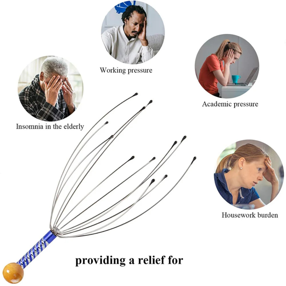 Massage tool with people experiencing stress and pressure, labeled 'Working pressure', 'Academic pressure', 'Insomnia in the elderly', and 'Housework burden'.