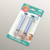 Two syringes in packaging with a teddy bear illustration on a gray background
