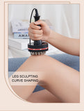 Person using a leg sculpting device on their knee with text 'Leg Sculpting Curve Shaping'.