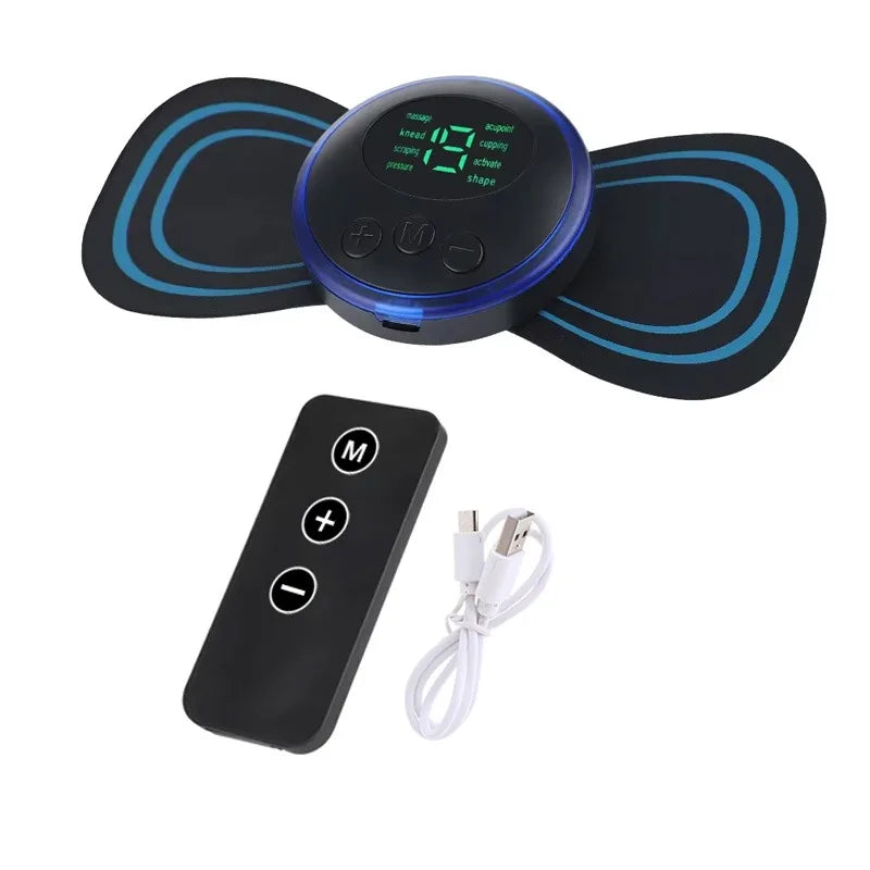 Electromagnetic therapy device with remote control and USB cable on a white background
