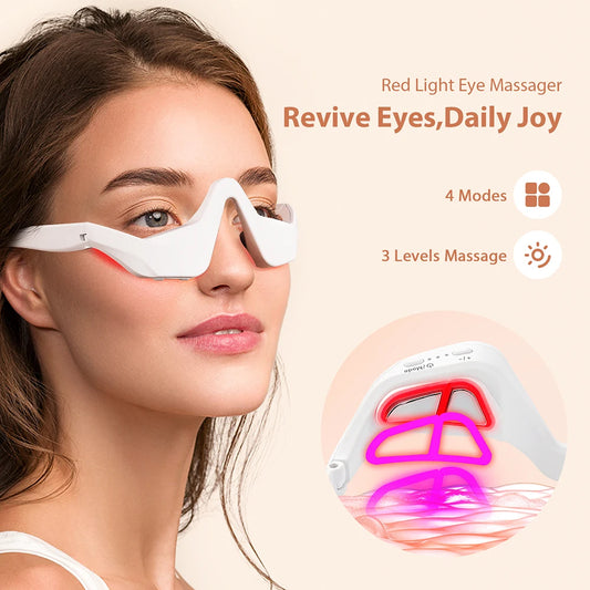 Woman wearing a red light eye massager with product details on a beige background