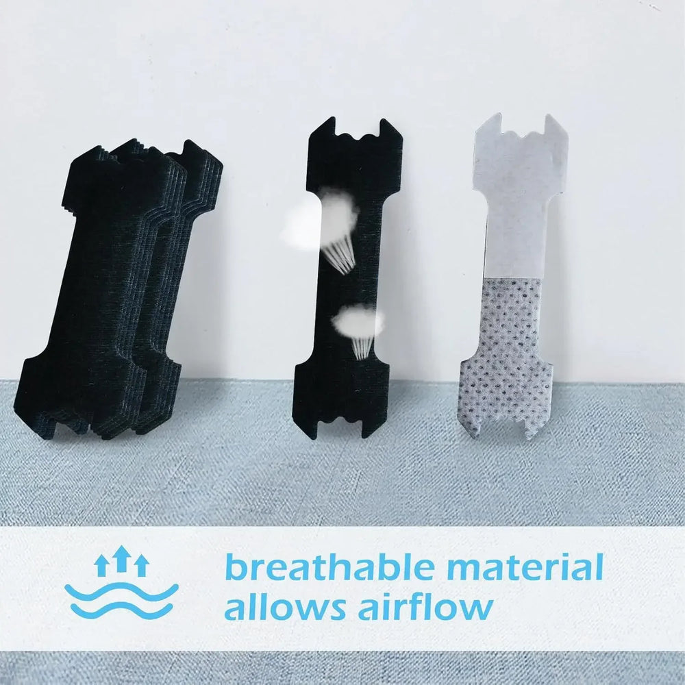 Three black and gray pet collars with breathable material feature on a light blue fabric background.