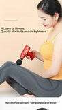 Woman using a red massage gun with text on a beige background