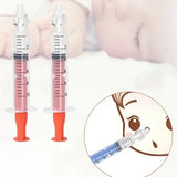 Two syringes with red liquid and a cartoon illustration of a child's face.