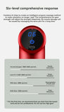 Red handheld device with digital display and massage intensity levels on a white background