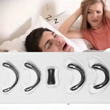 Person snoring with a woman looking annoyed, and anti-snoring devices below.