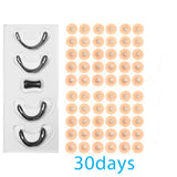 Packaging of dental retainers with a sheet of adhesive patches labeled '30 days' on a white background.