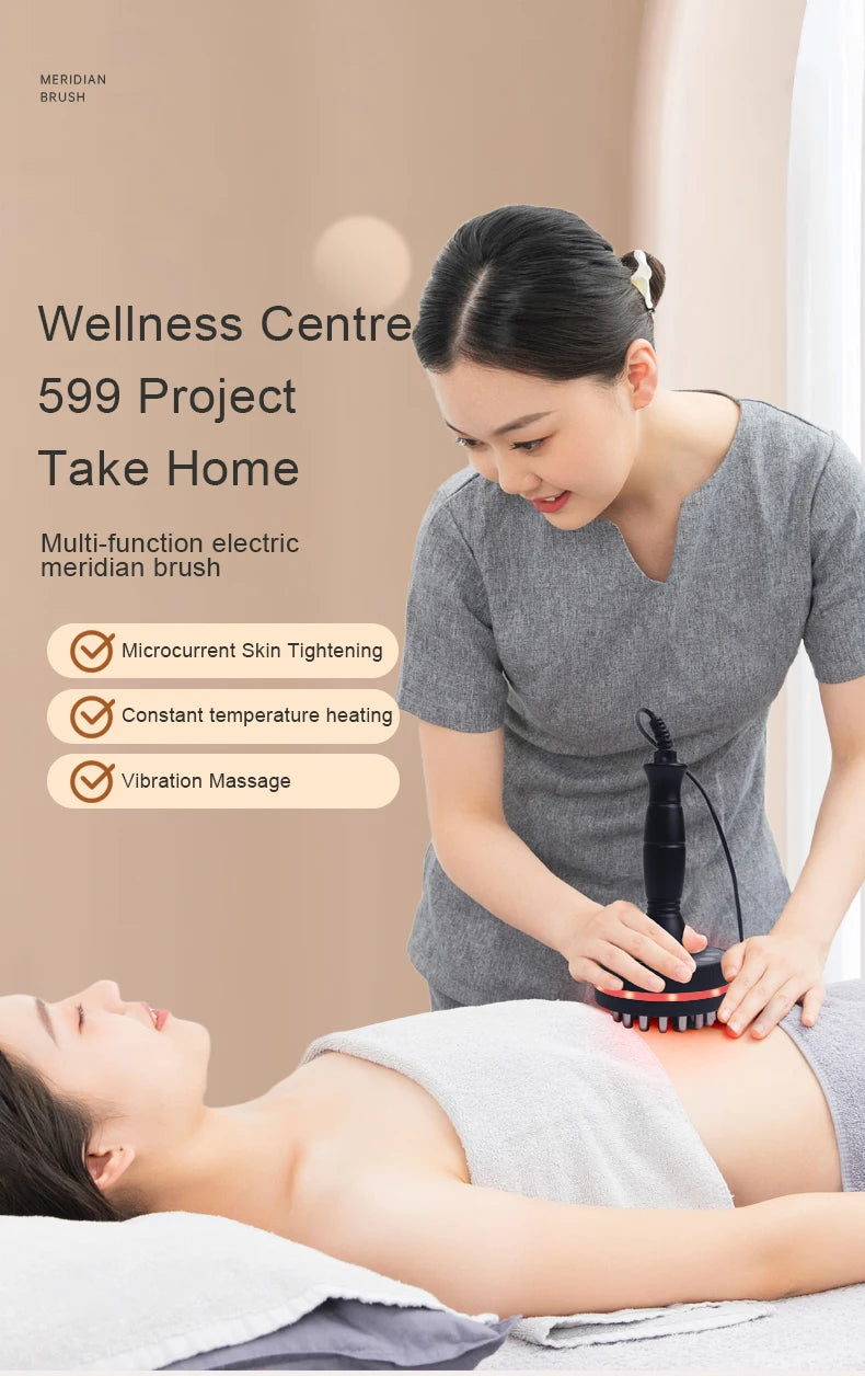 Woman using a multi-function electric meridian brush on a client at a Wellness Centre.