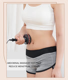 Person using an abdominal massage hot pack on their stomach with text indicating it reduces menstrual stress.