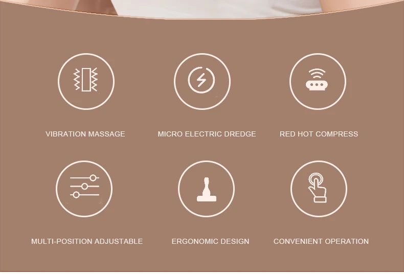 Product features with icons and text on a brown background