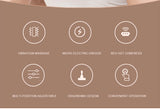 Product features with icons and text on a brown background