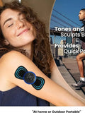 Woman using a fitness device on her arm with a cityscape in the background