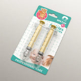 Two syringes in packaging with a teddy bear illustration on a gray background