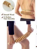Person using a wooden back roller with close-up details on rollers and smooth wood.