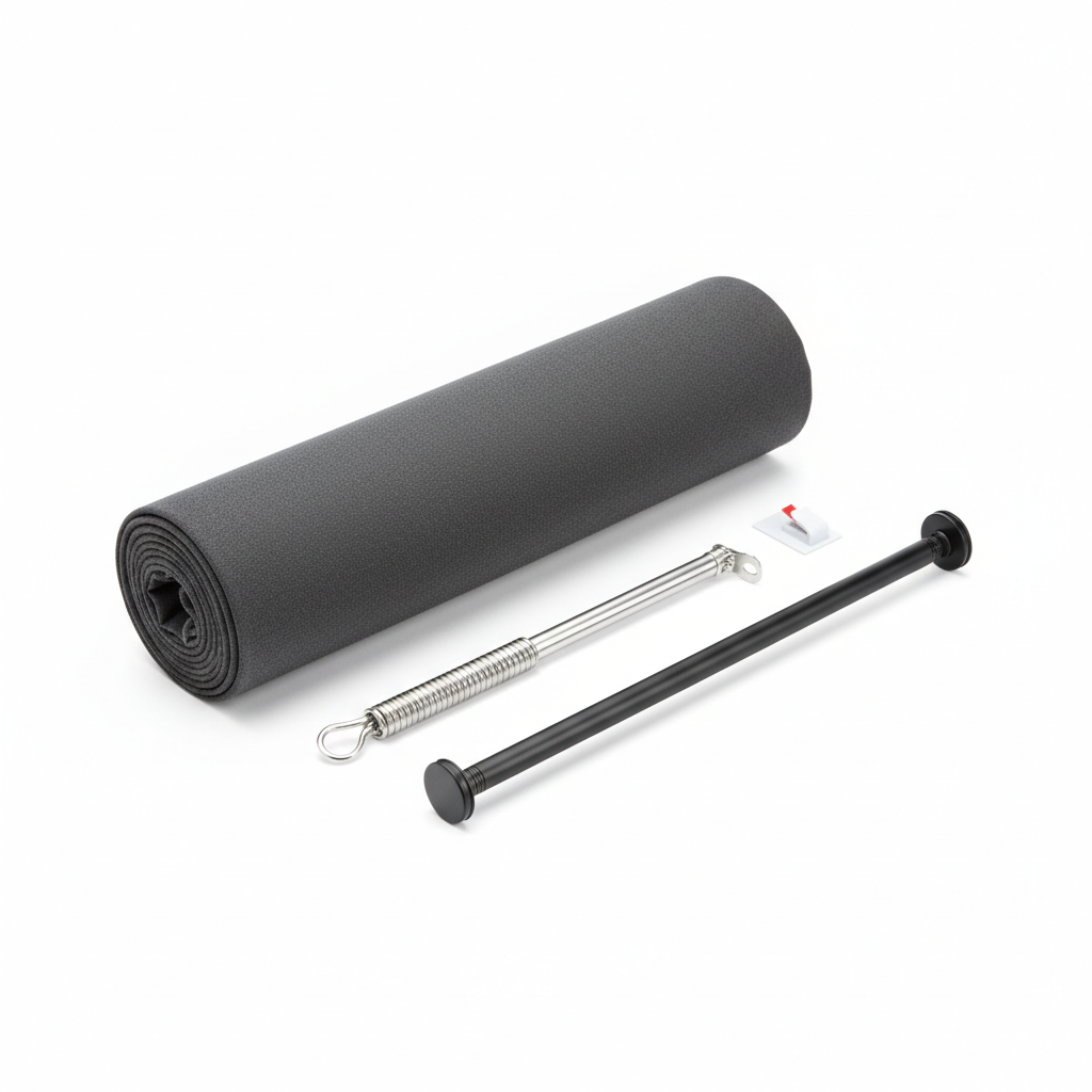 Rolled blackout curtain with tension rods on white background.