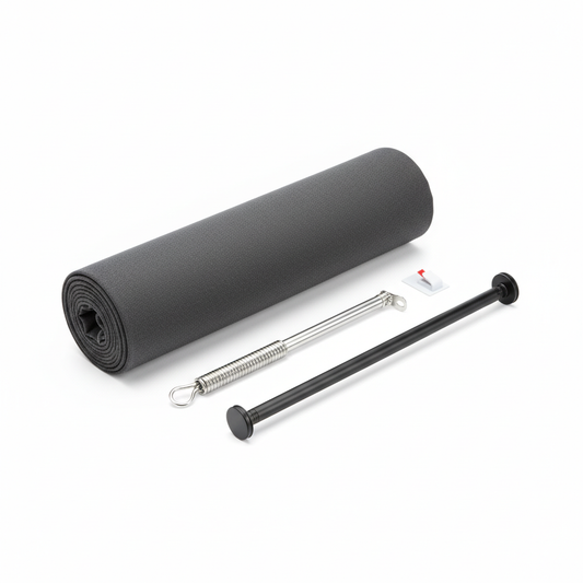 Rolled blackout curtain with tension rods on white background.