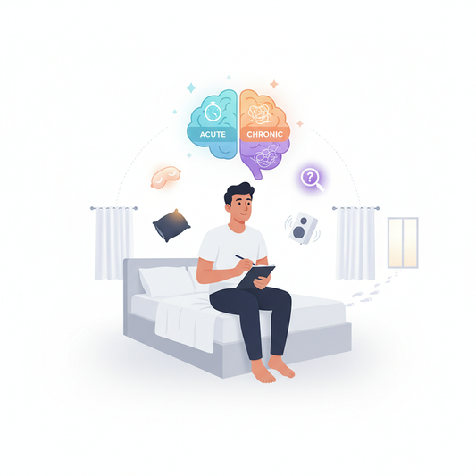 A man sits on the edge of his bed, writing in a journal, surrounded by floating icons representing different aspects of insomnia