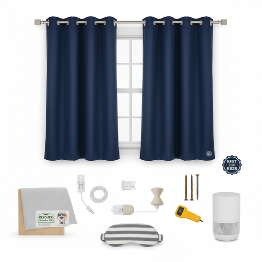 Safety certified blackout curtains and hardware for child protection.