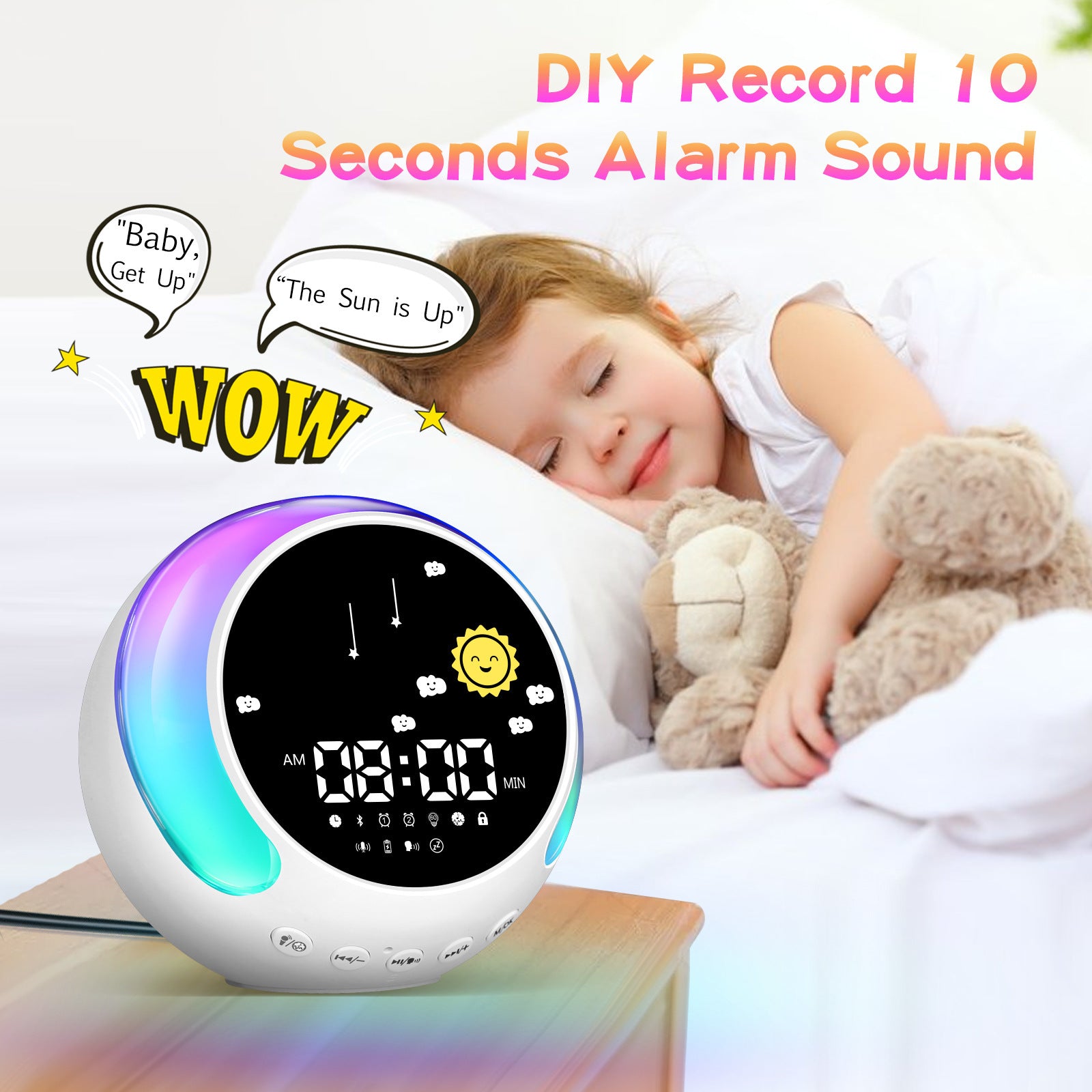 Sparkox Kids’ Alarm Clock with Bluetooth Touch RGB & White Noise for Sleep & Relaxation