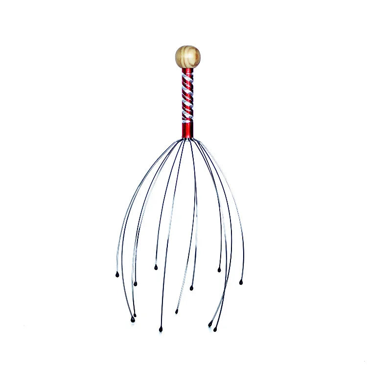 Massage tool with a wooden handle and metal ends on a white background