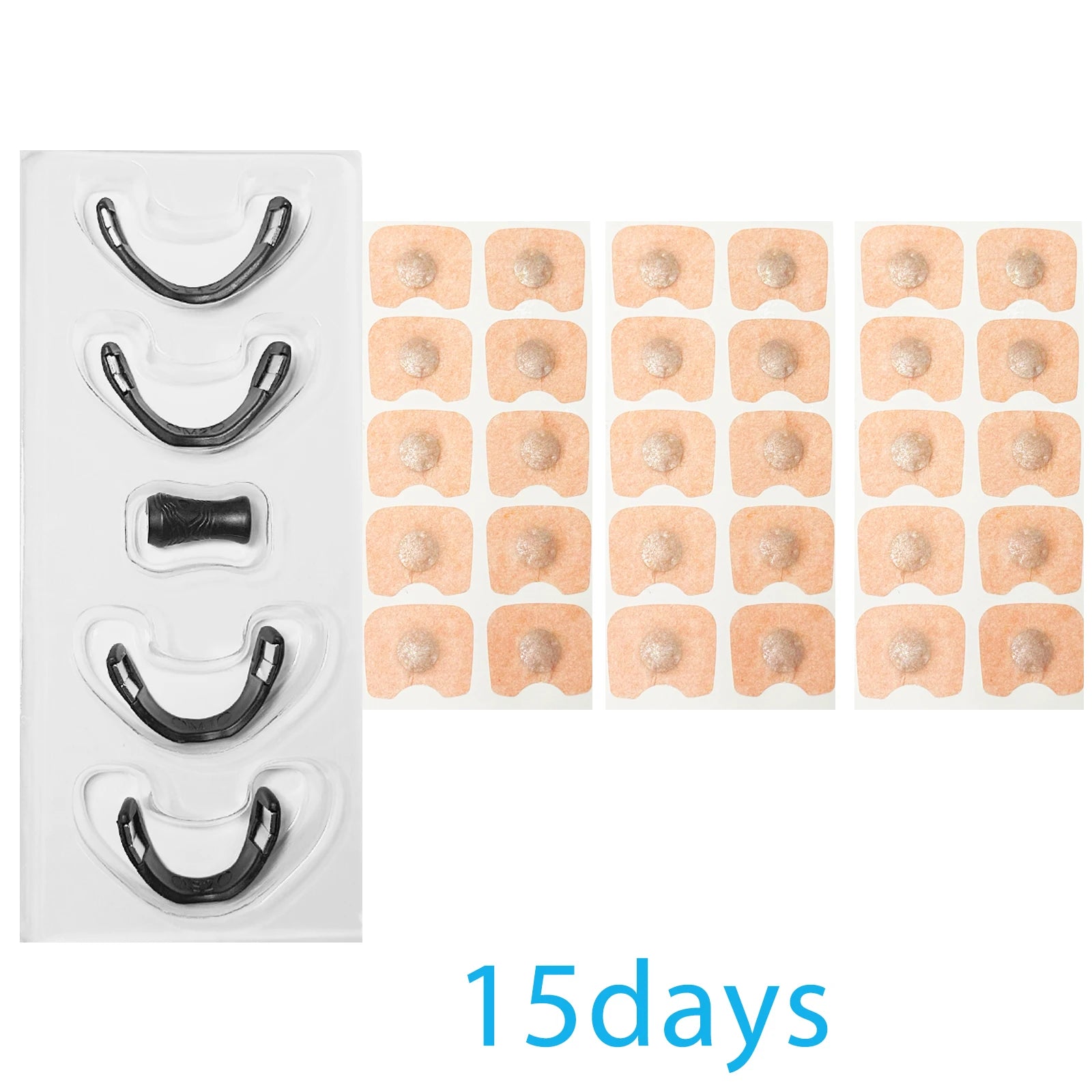 Packaging of dental retainers and adhesive patches with '15 days' text on a white background.