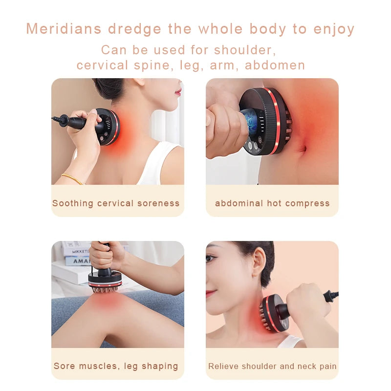 Massage device being used on various parts of the body with text describing its uses.