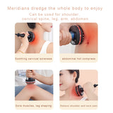 Massage device being used on various parts of the body with text describing its uses.