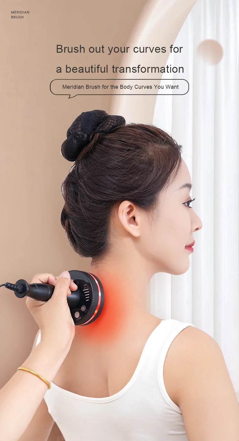 Woman using a handheld device on her neck with text about body transformation.
