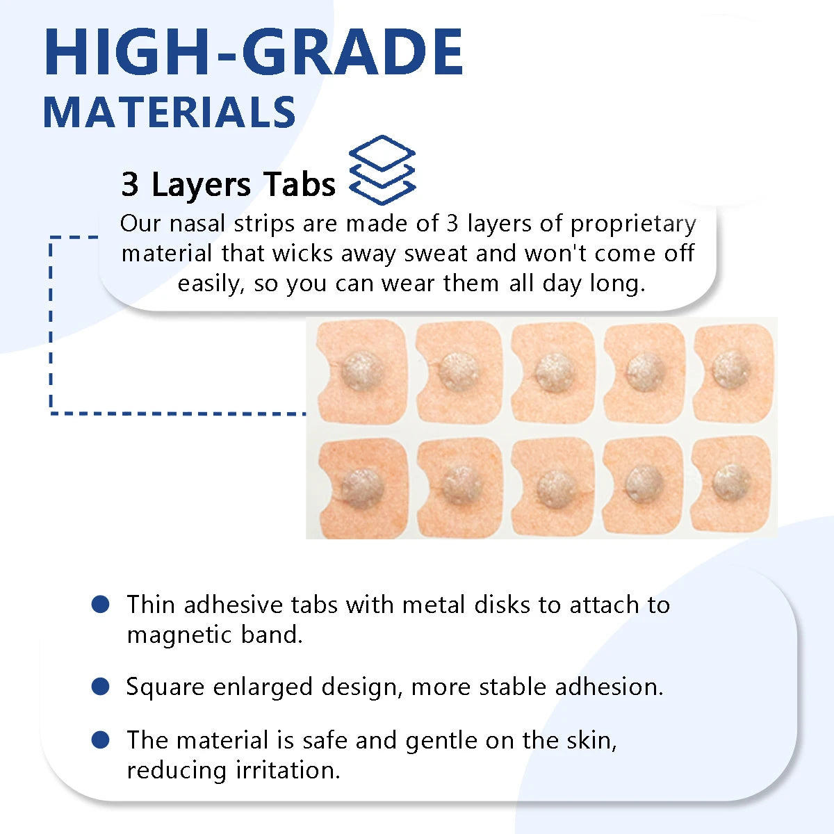 Nasal strip packaging with text highlighting high-grade materials and features.