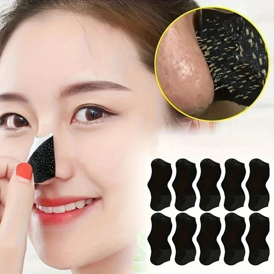 Woman applying blackhead removal patches with close-up of pores and multiple patches displayed.