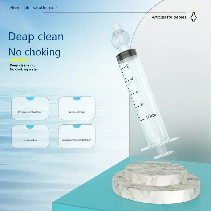 Needle tube nasal irrigator with features highlighted on a blue background