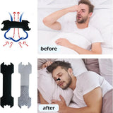 Before and after comparison of a man using a nasal strip, with product packaging displayed.