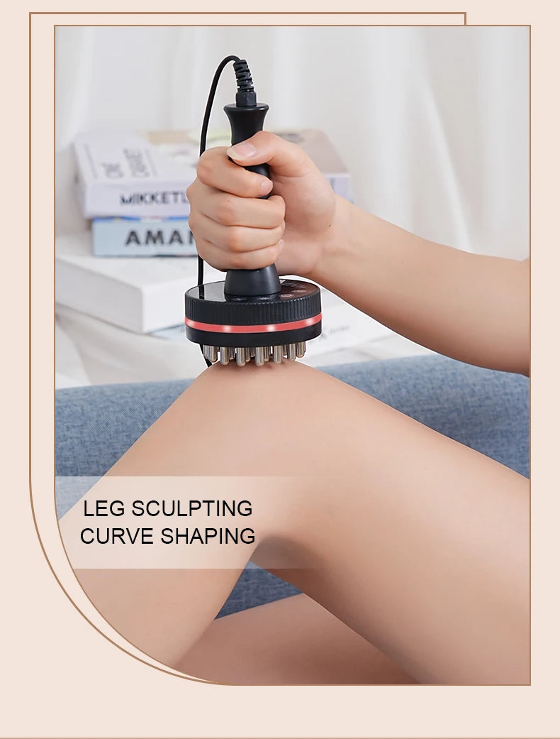 Person using a leg sculpting device on their knee with text 'Leg Sculpting Curve Shaping'.