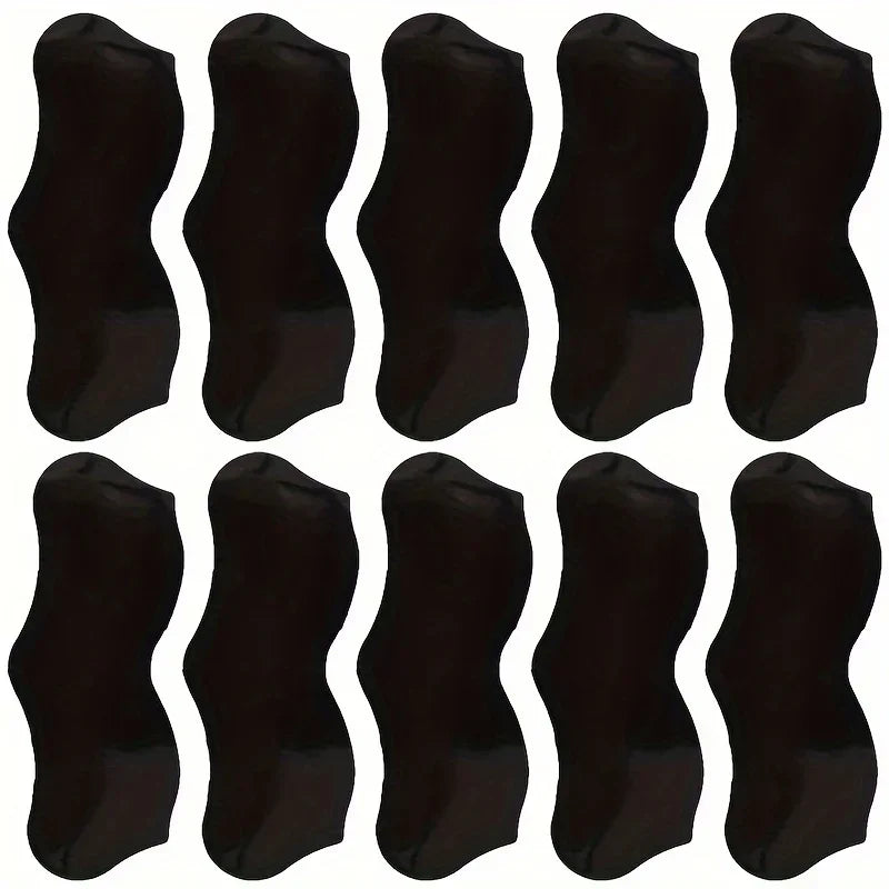 Multiple black shoe covers arranged in a grid on a white background