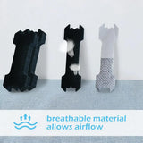 Three black and gray pet collars with breathable material feature on a light blue fabric background.