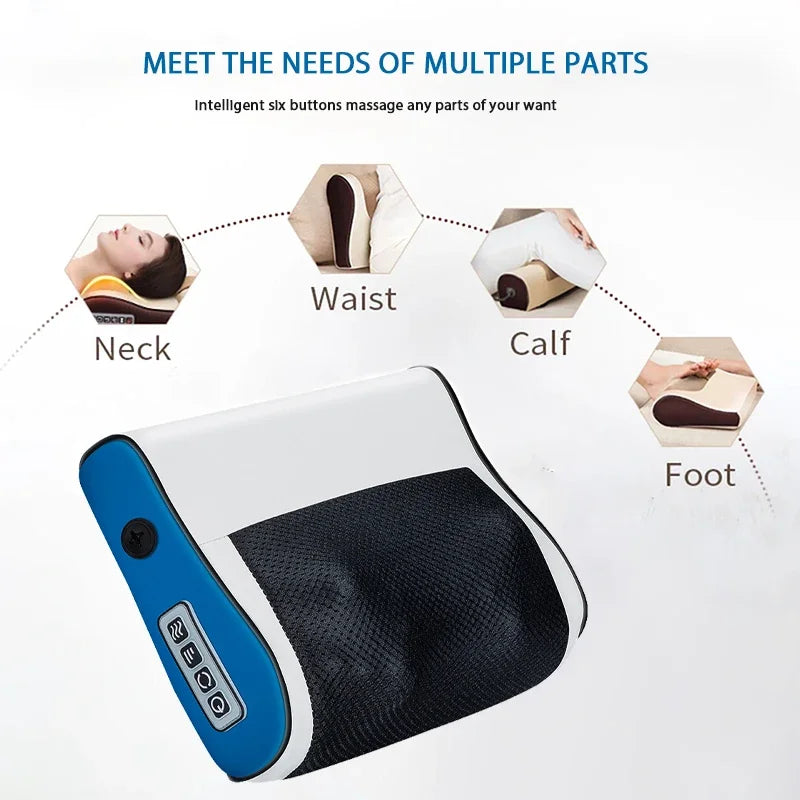 Massage pillow with buttons for neck, waist, calf, and foot massage on a white background.