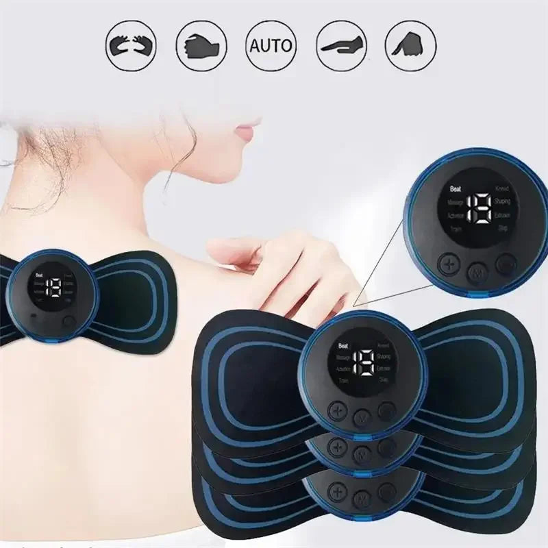 Electrical muscle stimulator device on a person's arm with digital display and control buttons.