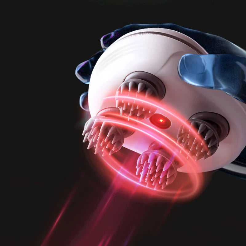 Close-up of a dental cleaning device with red light on a black background