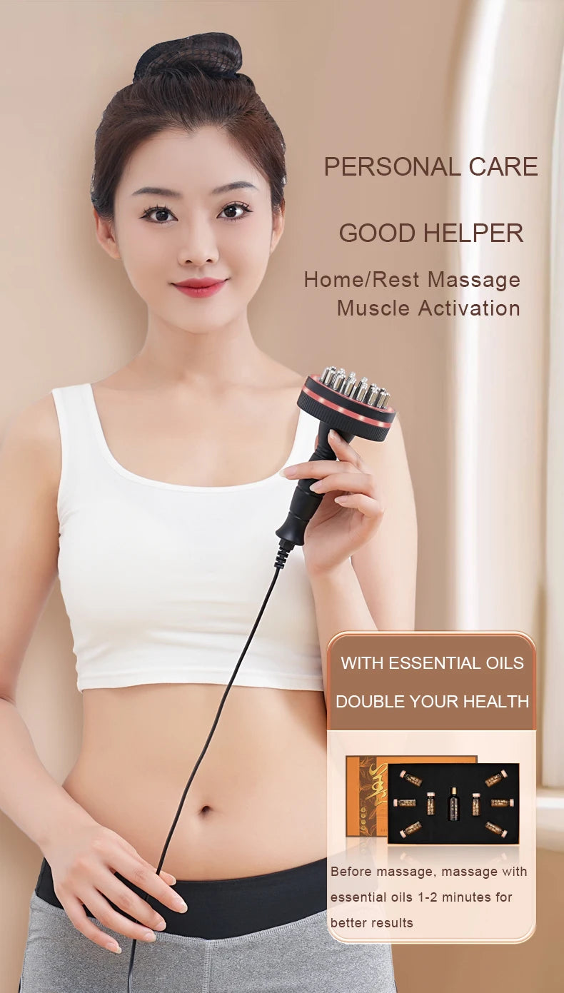 Woman holding a massage tool with text about personal care and muscle activation.