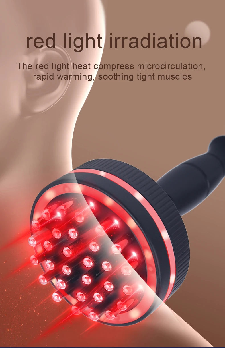 Red light therapy device being applied to a person's arm with text about red light irradiation benefits.