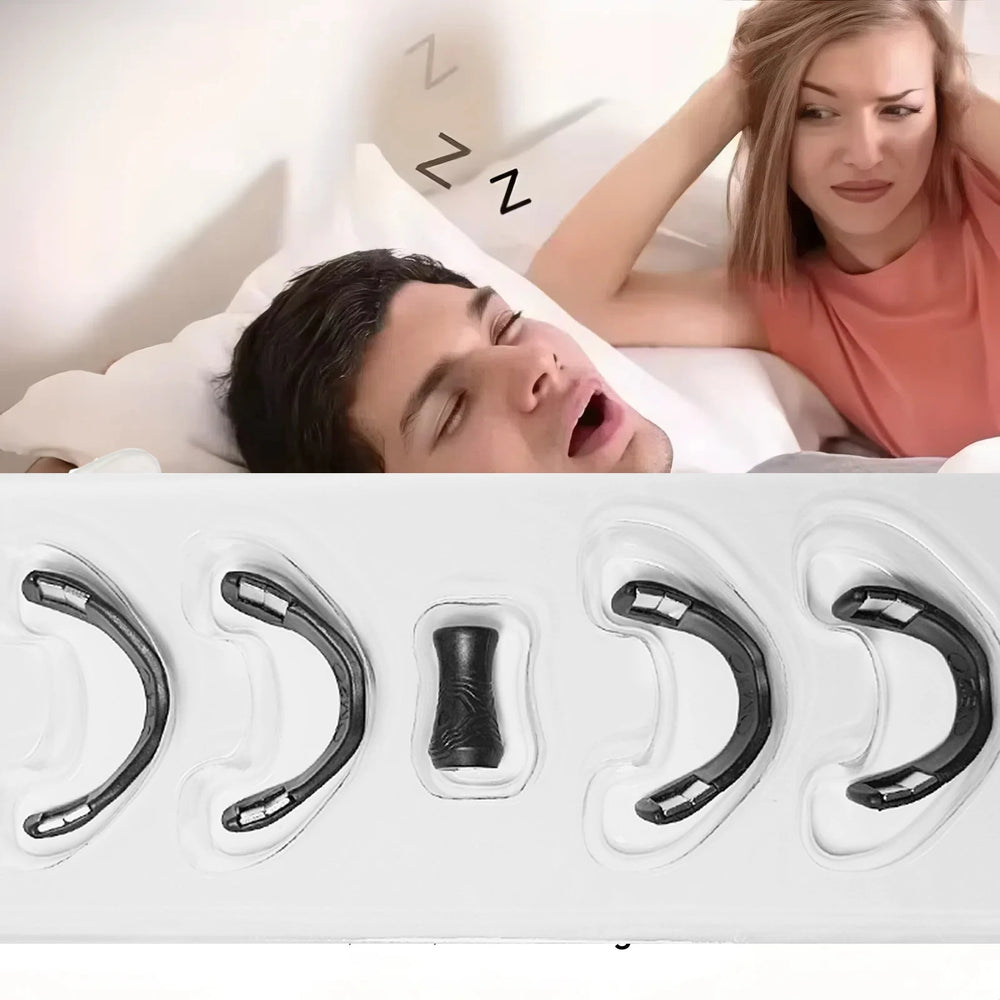 Person snoring with a woman looking annoyed, and anti-snoring devices below.