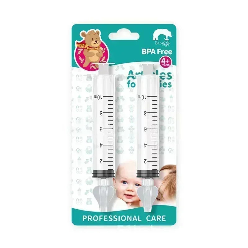 Baby teether packaging with a baby and teddy bear illustration on a white background