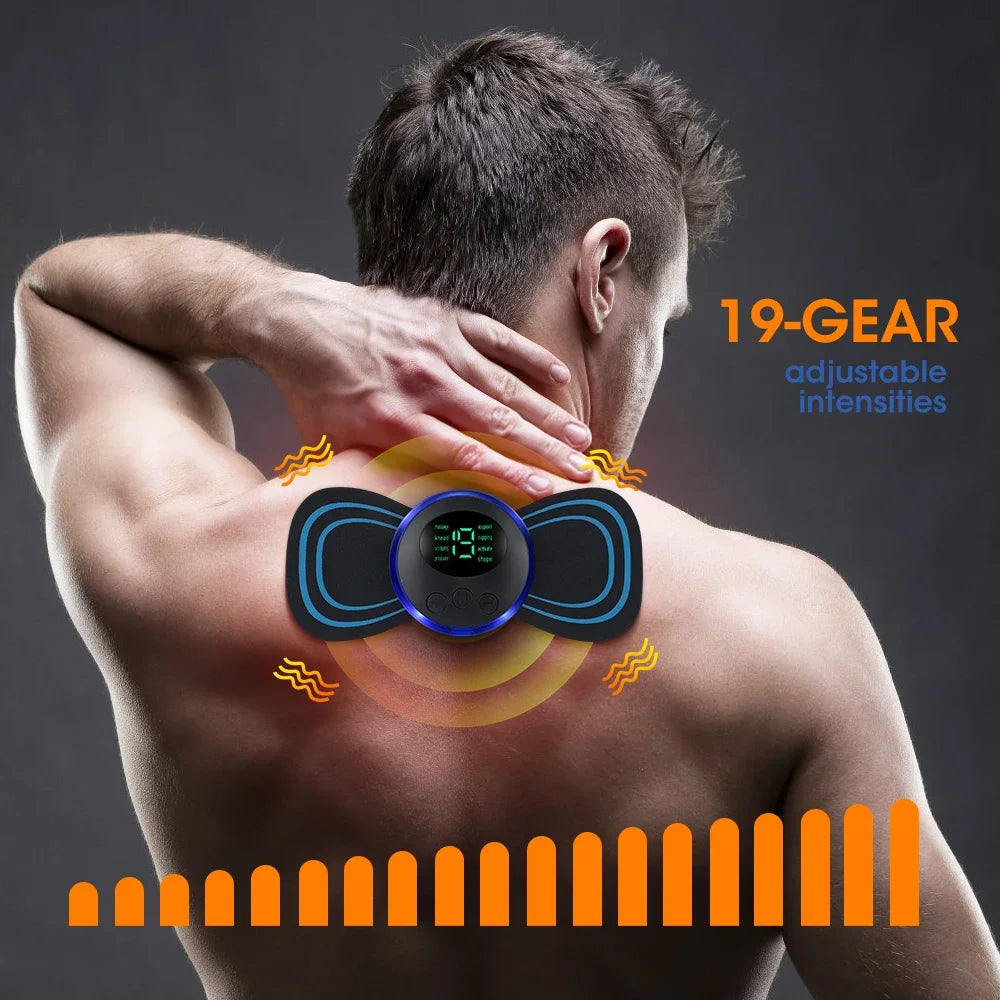 Man using a back massager with digital display and adjustable intensities on a dark background