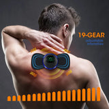 Man using a back massager with digital display and adjustable intensities on a dark background