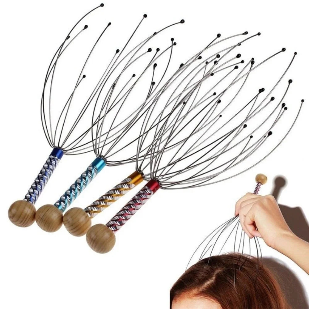 Set of scalp massagers with wooden handles on a white background