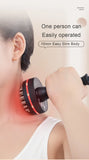 Person using a handheld device on their neck with text about ease of use and effectiveness.