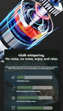Colorful massage gun with text about noise levels on a dark background