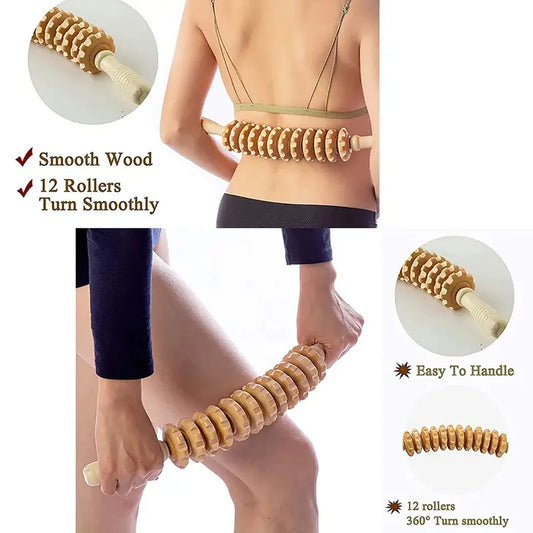 Person using a wooden massage roller on their back with close-up details of the roller.